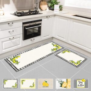 lemon kitchen mats and rugs set, 2 pcs kitchen mats for floor, non slip kitchen mat waterproof machine washable kitchen rugs, home decor for kitchen, office, laundry (19.7x31.5in+19.7x63in)