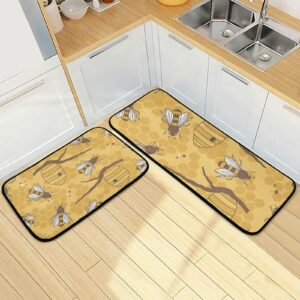 ALAZA Bee on Yellow Background Kitchen Rug Set, 2 Piece Set, Non-Slip Floor Mat for Living Room Bedroom Dorm Home Decor, 19.7 x 27.6 Inch + 19.7 x 47.2 Inch