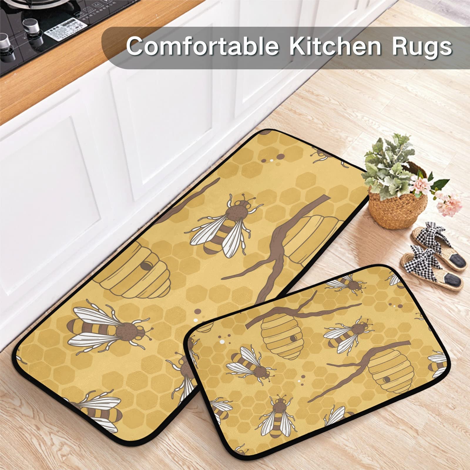 ALAZA Bee on Yellow Background Kitchen Rug Set, 2 Piece Set, Non-Slip Floor Mat for Living Room Bedroom Dorm Home Decor, 19.7 x 27.6 Inch + 19.7 x 47.2 Inch