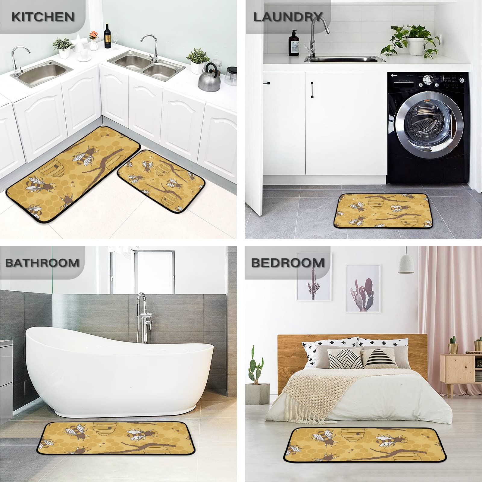 ALAZA Bee on Yellow Background Kitchen Rug Set, 2 Piece Set, Non-Slip Floor Mat for Living Room Bedroom Dorm Home Decor, 19.7 x 27.6 Inch + 19.7 x 47.2 Inch