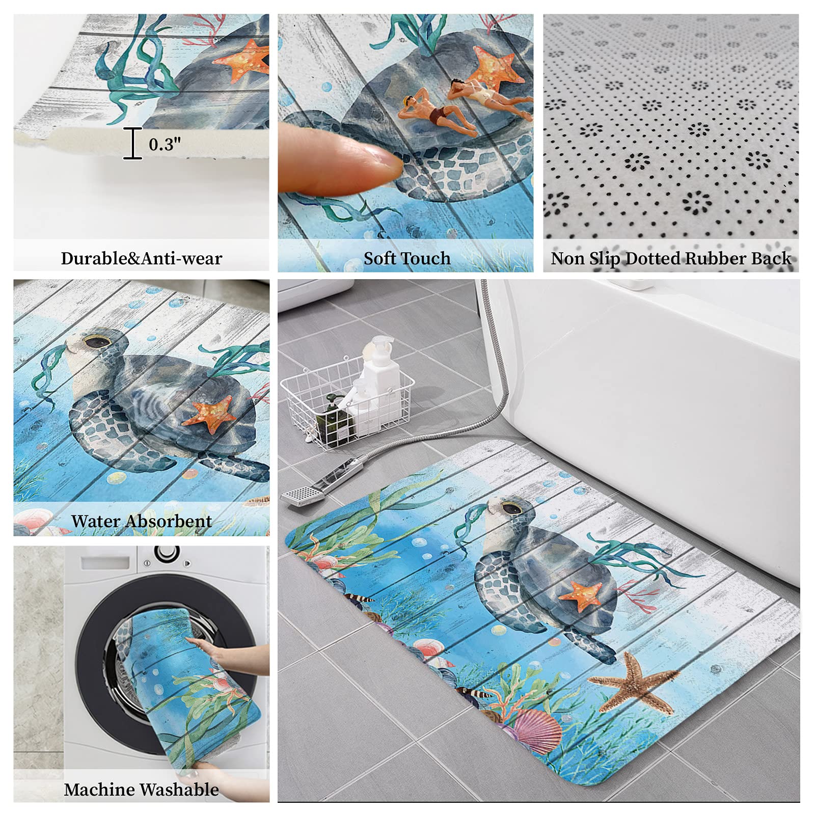 Possta Decor 2 Piece Kitchen Mats Nautical Turtles Starfish Seaweed Shells,Non Slip Doormats Area Runner Rug Set,Blue Ocean Farm Retro Plank Super Soft Comfort Standing Mat for Bedroom Living Room