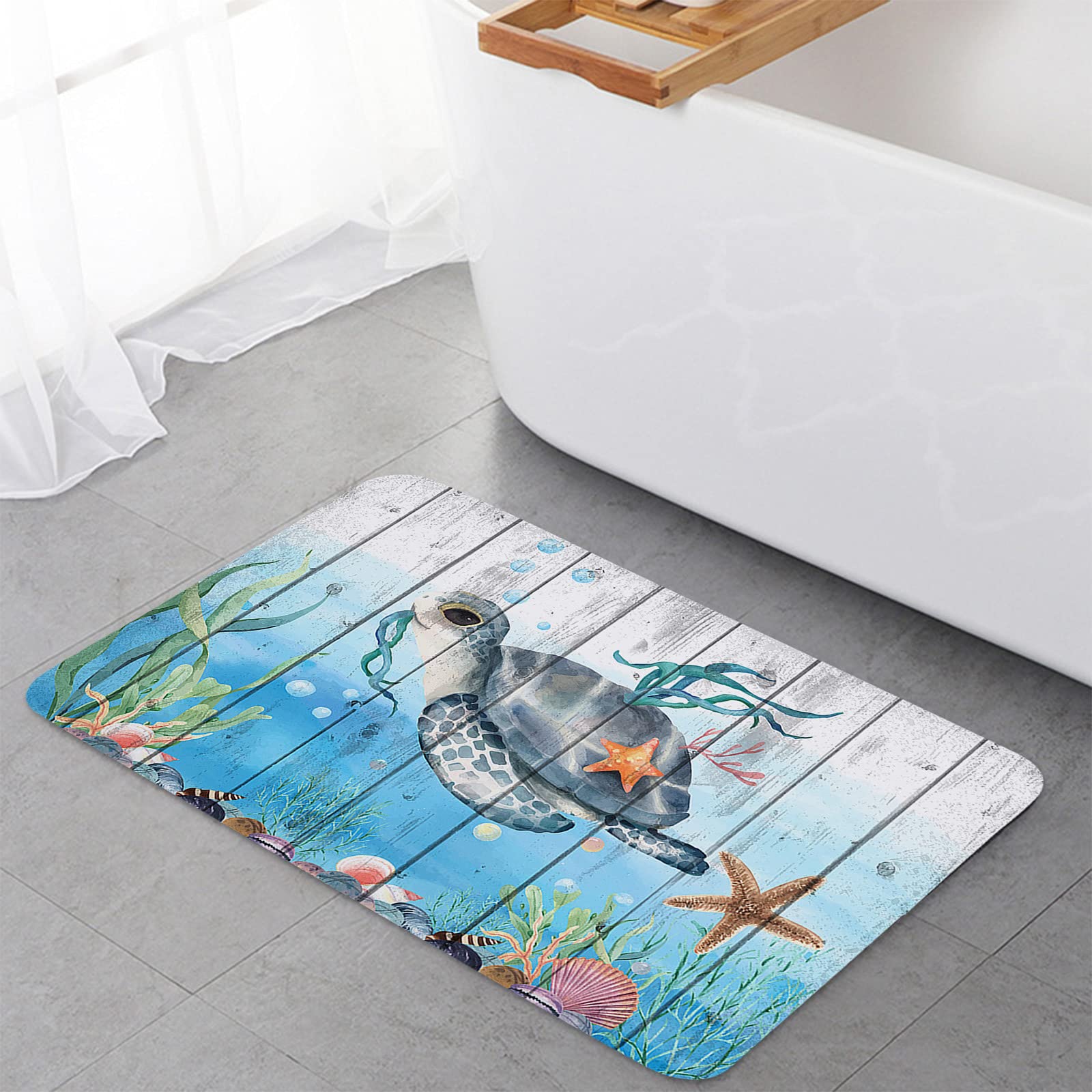 Possta Decor 2 Piece Kitchen Mats Nautical Turtles Starfish Seaweed Shells,Non Slip Doormats Area Runner Rug Set,Blue Ocean Farm Retro Plank Super Soft Comfort Standing Mat for Bedroom Living Room