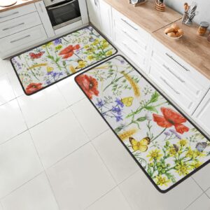 auuxva spring poppy flower butterfly kitchen mats cushioned anti fatigue 2 pcs set, memory foam kitchen rugs, non slip washable area rug for floor sweet home decor, 17"x29"+17"x47"