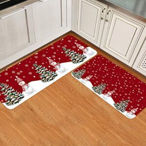 Briskdecor Christmas Kitchen Rugs and Mats Set Set of 2 Snowflakes Christmas Tree Snowman Red Floor Comfort Mats Red&green