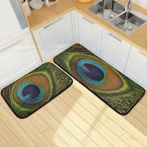 alaza beautiful peacock feather 2 piece kitchen rug floor mat set runner rugs non-slip for kitchen laundry office 20" x 28" + 20" x 48"
