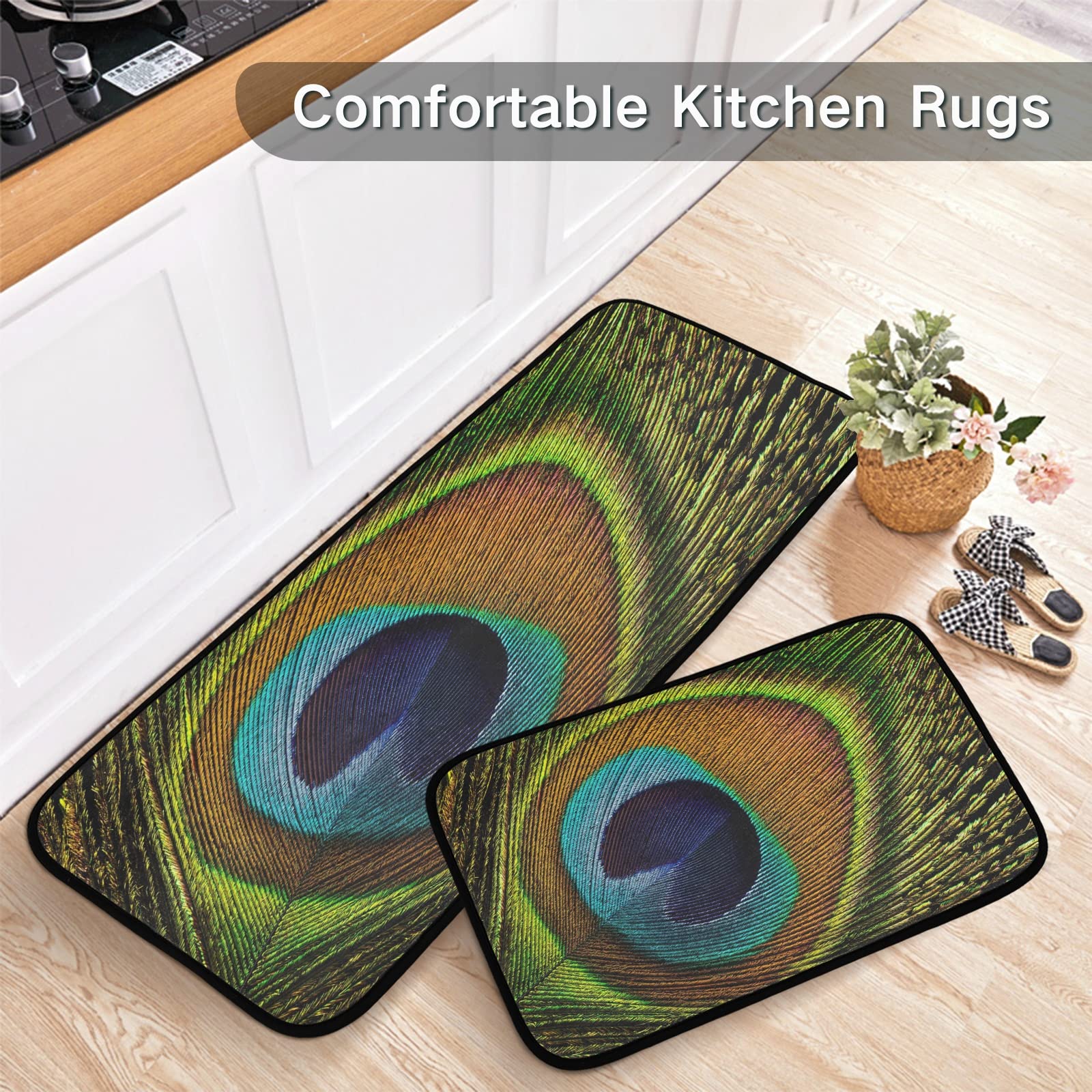 ALAZA Beautiful Peacock Feather 2 Piece Kitchen Rug Floor Mat Set Runner Rugs Non-Slip for Kitchen Laundry Office 20" x 28" + 20" x 48"