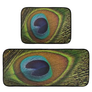 ALAZA Beautiful Peacock Feather 2 Piece Kitchen Rug Floor Mat Set Runner Rugs Non-Slip for Kitchen Laundry Office 20" x 28" + 20" x 48"