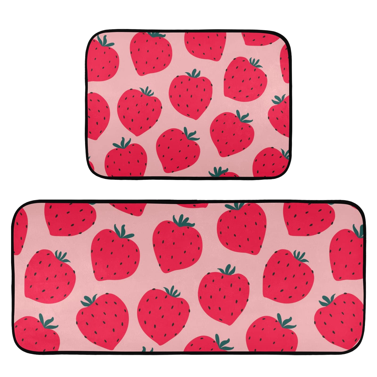 DOMIKING Cartoon Fruit Strawberry Kitchen Mats 2 Pieces Non-Slip Anti Fatigue Kitchen Rugs and Mats Set for Floor Cushioned Standing Mats Area Rug Runner for Hallyway Kitchen Bedroom