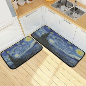 alaza van gogh starry sky oil painting 2 piece kitchen rug floor mat set runner rugs non-slip for kitchen laundry office 20" x 28" + 20" x 48"