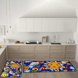 kuizee kitchen mat set of 2 pieces anti fatigue rugs mexican talavera sun traditional decorative soft water absorbent non-slip standing mats kitchen decor floor,17.7"x 29" +17.7"x58"