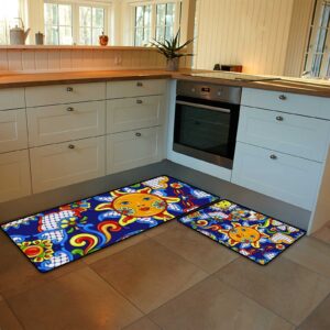 Kuizee Kitchen Mat Set of 2 Pieces Anti Fatigue Rugs Mexican Talavera Sun Traditional Decorative Soft Water Absorbent Non-Slip Standing Mats Kitchen Decor Floor,17.7"x 29" +17.7"x58"