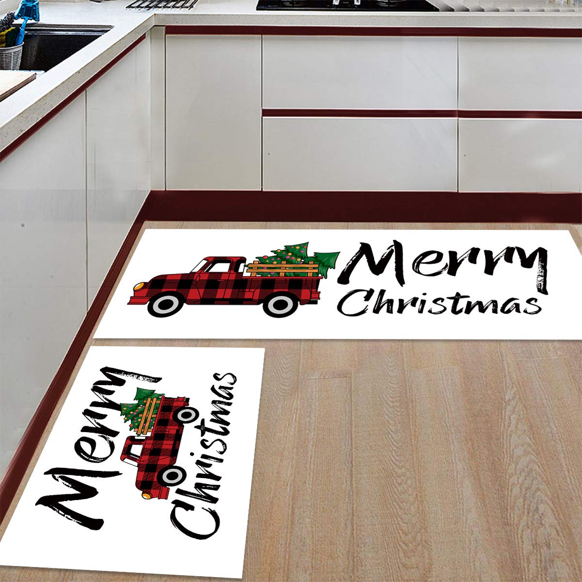 LooPoP Merry Christmas Tree Kitchen Mats for Floor Cushioned Anti Fatigue 2 Piece Set Kitchen Runner Rugs Non Skid Washable Red and Black Check Lattice Truck 15.7x23.6+15.7x47.2inch