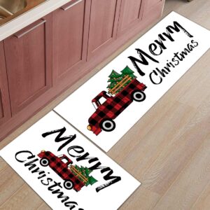 LooPoP Merry Christmas Tree Kitchen Mats for Floor Cushioned Anti Fatigue 2 Piece Set Kitchen Runner Rugs Non Skid Washable Red and Black Check Lattice Truck 15.7x23.6+15.7x47.2inch