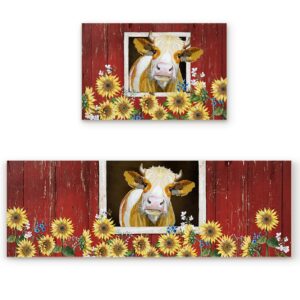 z&l home kitchen rug set of 2 piece, farm animal cow in red wooden barn rugs and mats for kitchen floor, non slip rubber backing standing door mat sunflowers 19.7x31.5in+19.7x47.2in