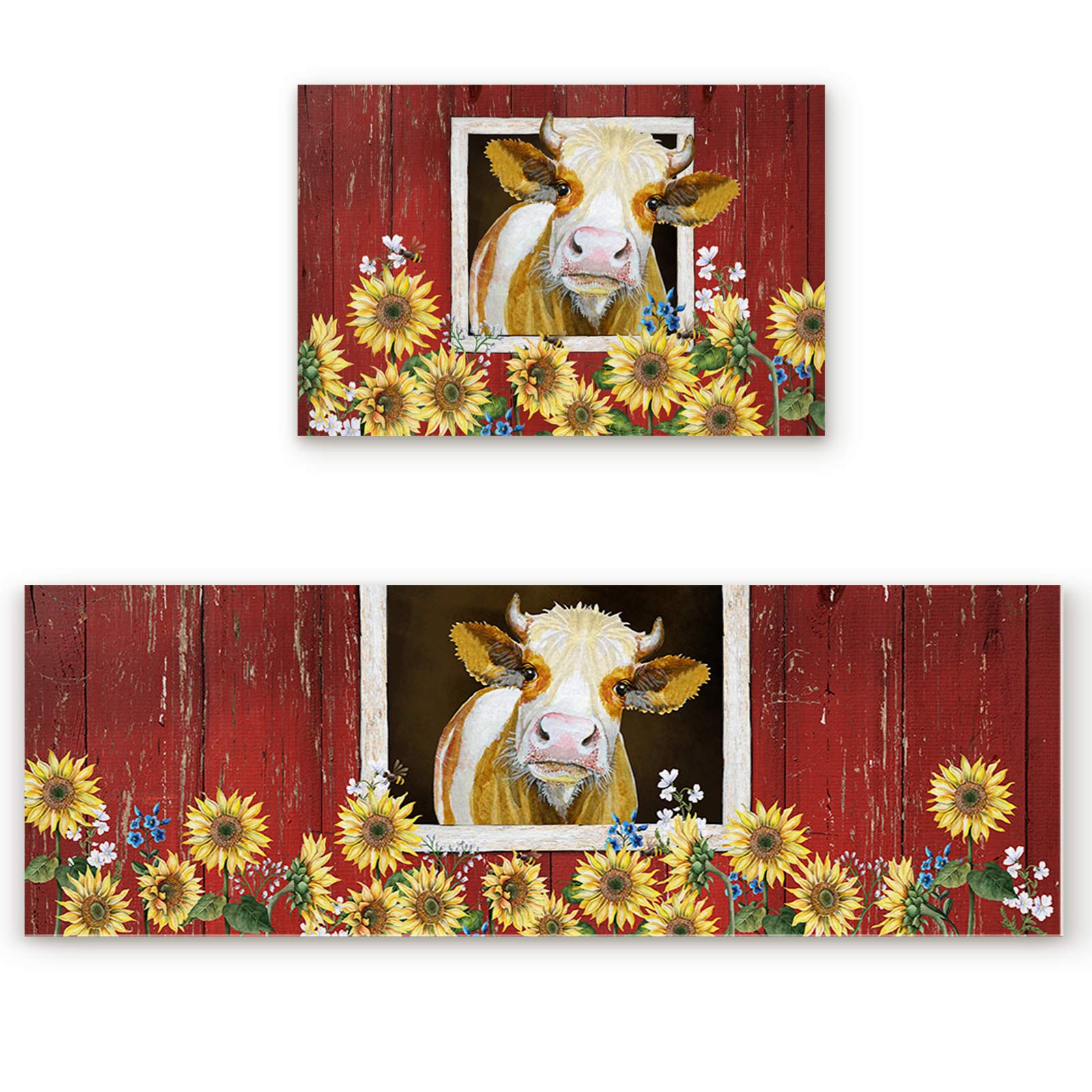 Z&L Home Kitchen Rug Set of 2 Piece, Farm Animal Cow in Red Wooden Barn Rugs and Mats for Kitchen Floor, Non Slip Rubber Backing Standing Door Mat Sunflowers 19.7x31.5in+19.7x47.2in