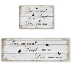 kitchen mat set 2 piece kitchen rugs, black positive energy live - laugh - love butterflies soft rubber backing mats bathroom runner area rugs, 19.7x31.5in + 19.7x47.2in vintage wooden stripes grain