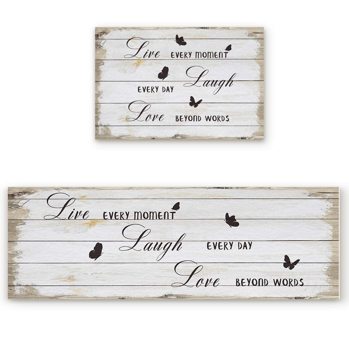 Kitchen Mat Set 2 Piece Kitchen Rugs, Black Positive Energy Live - Laugh - Love Butterflies Soft Rubber Backing Mats Bathroom Runner Area Rugs, 19.7x31.5in + 19.7x47.2in Vintage Wooden Stripes Grain