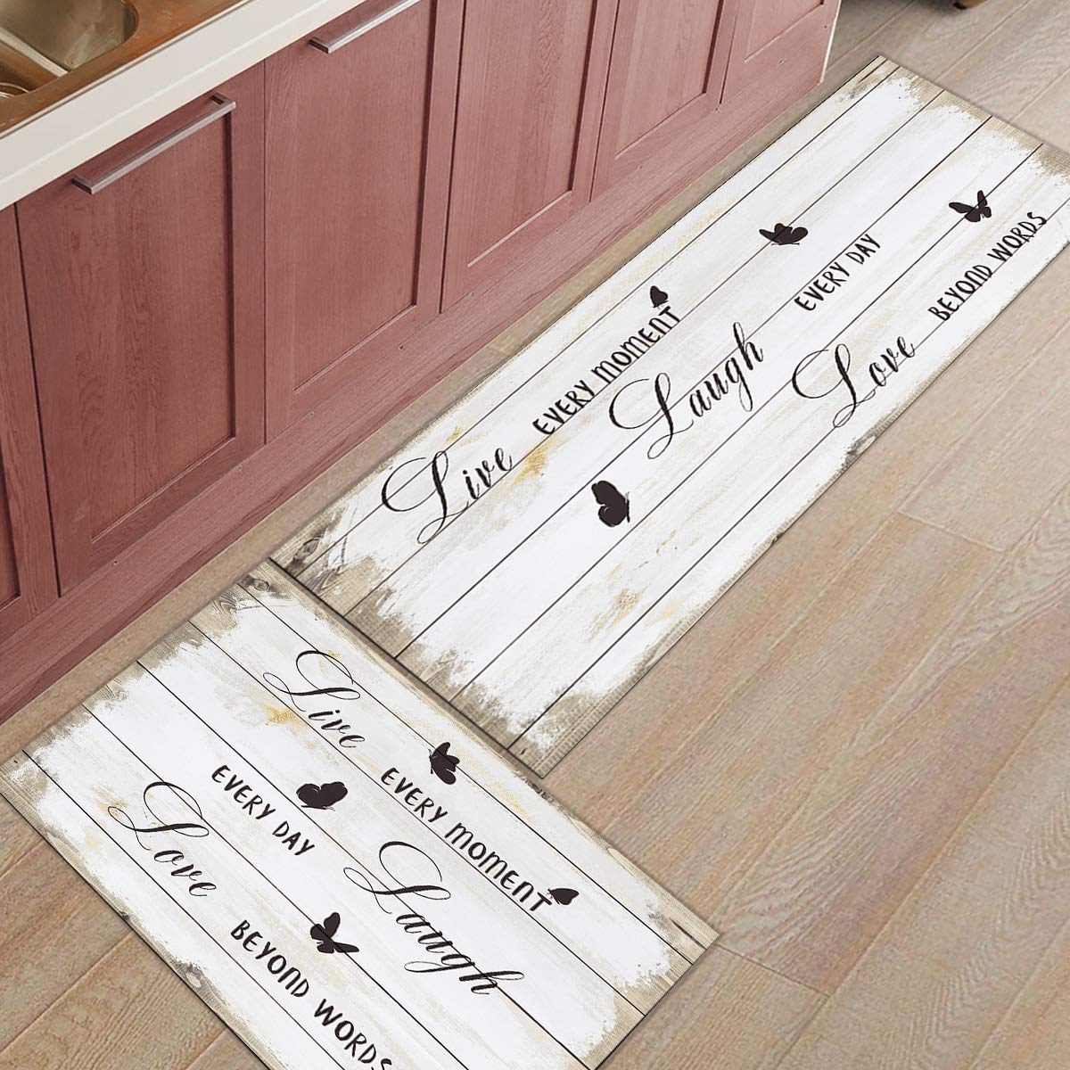 Kitchen Mat Set 2 Piece Kitchen Rugs, Black Positive Energy Live - Laugh - Love Butterflies Soft Rubber Backing Mats Bathroom Runner Area Rugs, 19.7x31.5in + 19.7x47.2in Vintage Wooden Stripes Grain