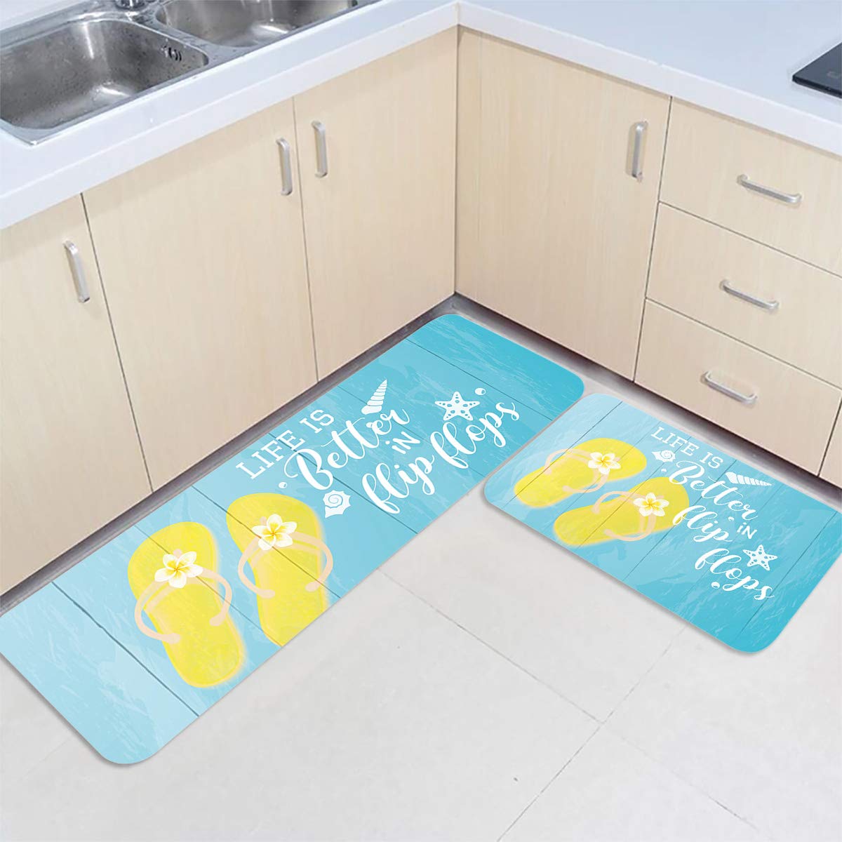 2 Pieces Kitchen Rug Set Non-Slip Backing Mat Throw Rugs Doormats Yellow Flower Flip Flops on Blue Wood Absorbent Area Runner Carpet for Bathroom Beach Theme