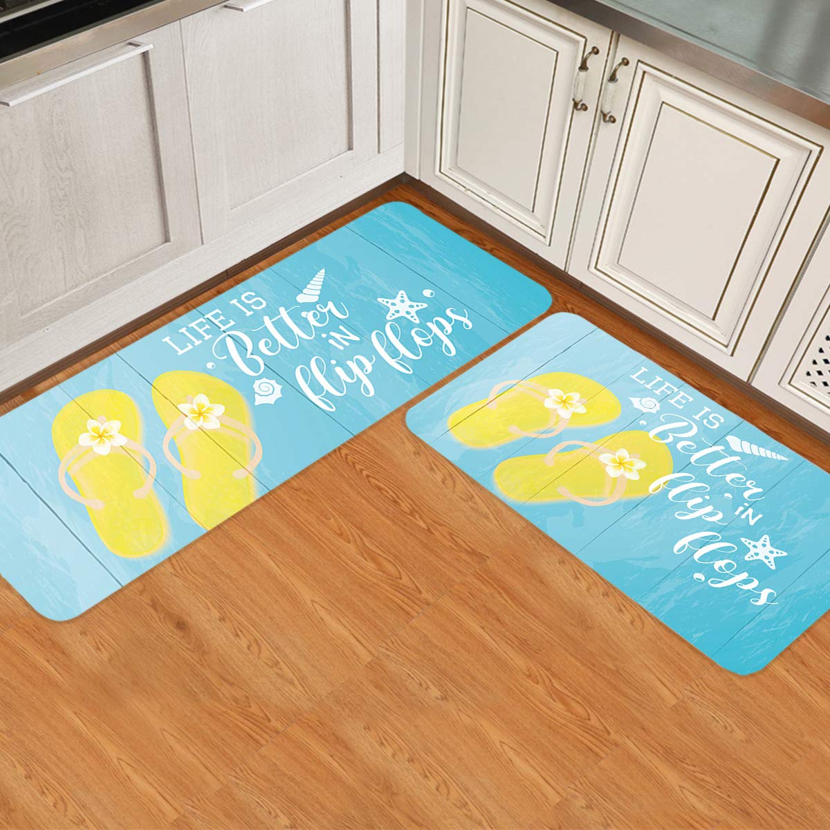 2 Pieces Kitchen Rug Set Non-Slip Backing Mat Throw Rugs Doormats Yellow Flower Flip Flops on Blue Wood Absorbent Area Runner Carpet for Bathroom Beach Theme