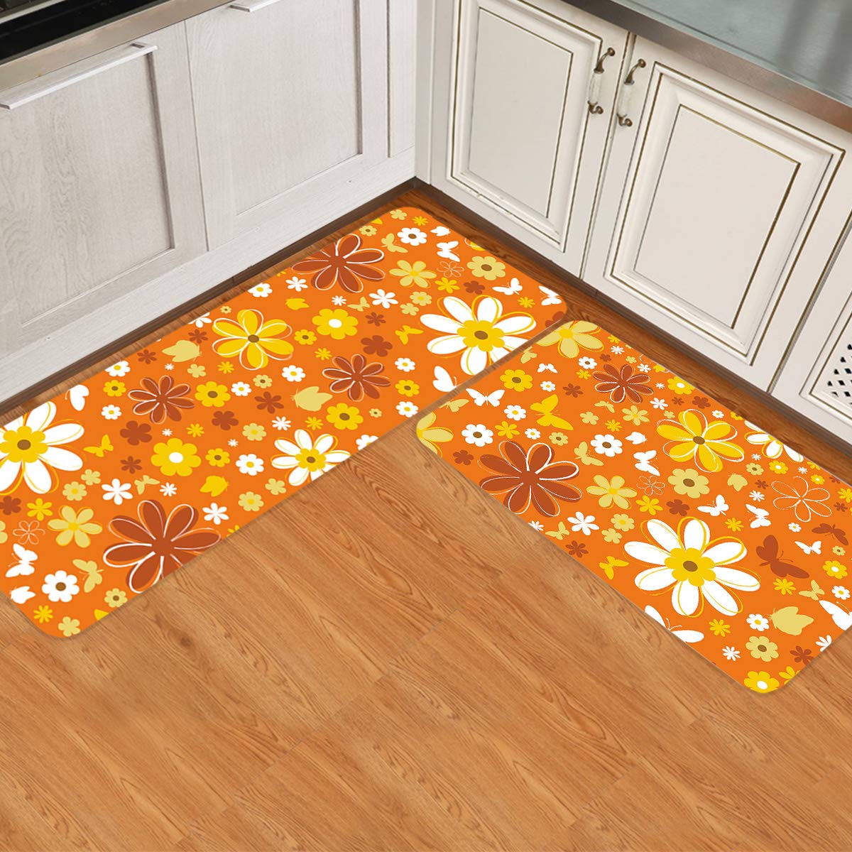 Floral Kitchen Mats for Floor 2 Piece Cushioned Comfort Standing Mat Kitchen Runner Rug Set for Home & Office Orange Butterfly Flower