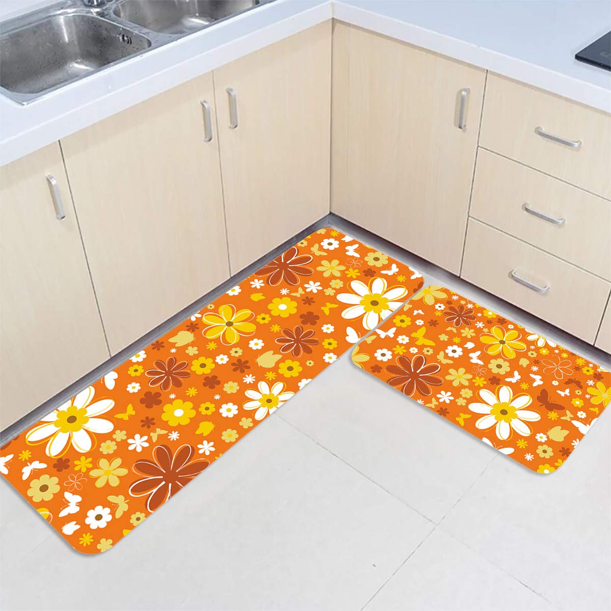 Floral Kitchen Mats for Floor 2 Piece Cushioned Comfort Standing Mat Kitchen Runner Rug Set for Home & Office Orange Butterfly Flower