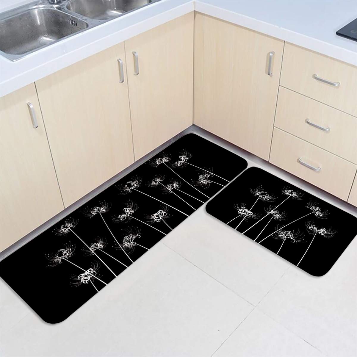 Flower Decor Kitchen Rugs and Mats Non Skid Washable Cushioned Kitchen Mat Anti Fatigue Mat Kitchen Set of 2 Waterproof Lycoris Radiata Floral Black White