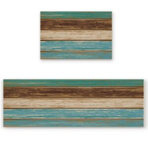 infinidesign 2 piece rustic wood kitchen mats set 19.7x31.5inch+19.7x47.2inch, anti-fatigue non-slip chef mat kitchen rug cushioned floor rugs, retro green brown wooden plank