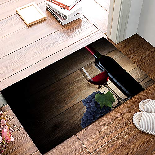 Red Wine Bottle Glass and Grapes on Wood Plank Indoor Doormat Bath Rugs Non Slip, Washable Cover Floor Rug Absorbent Carpets Floor Mat Home Decor for Kitchen Bathroom Bedroom (16x24)