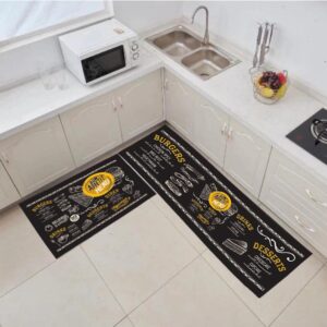 Kitchen Mat and Kitchen Rugs 2 PCS, Cushioned, Thick, Anti Fatigue and Waterproof Mat, Comfort Standing Desk Mat, Kitchen Floor Mat with Non-Skid & Washable for Home, Office, Sink. (Black Menu)