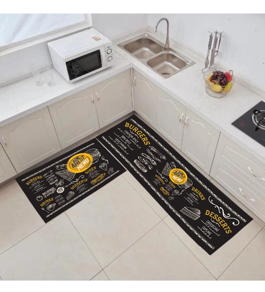 Kitchen Mat and Kitchen Rugs 2 PCS, Cushioned, Thick, Anti Fatigue and Waterproof Mat, Comfort Standing Desk Mat, Kitchen Floor Mat with Non-Skid & Washable for Home, Office, Sink. (Black Menu)