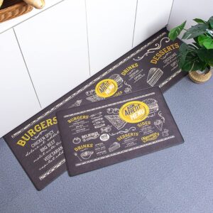 Kitchen Mat and Kitchen Rugs 2 PCS, Cushioned, Thick, Anti Fatigue and Waterproof Mat, Comfort Standing Desk Mat, Kitchen Floor Mat with Non-Skid & Washable for Home, Office, Sink. (Black Menu)