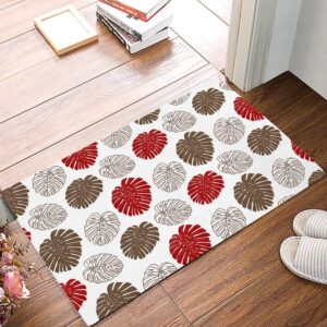 door mat for bedroom decor, tropical plants red and brown monstera floor mats, holiday rugs for living room, absorbent non-slip bathroom rugs home decor kitchen mat area rug 18x30 inch