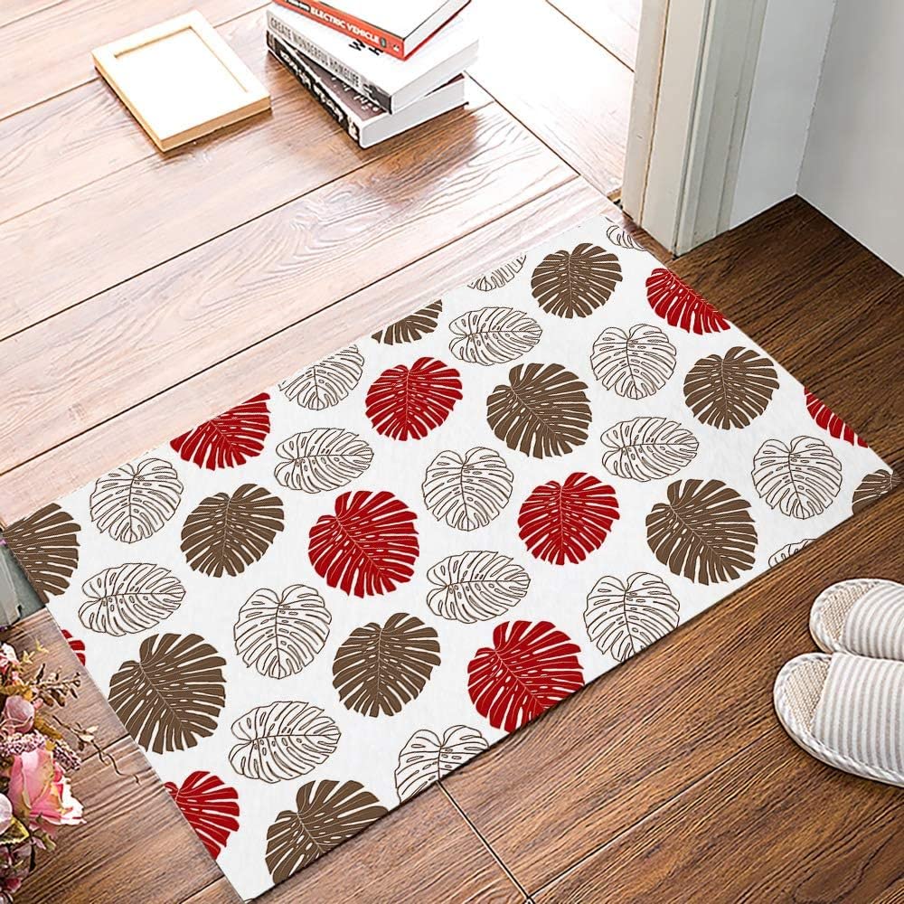 Door Mat for Bedroom Decor, Tropical Plants Red and Brown Monstera Floor Mats, Holiday Rugs for Living Room, Absorbent Non-Slip Bathroom Rugs Home Decor Kitchen Mat Area Rug 18x30 Inch