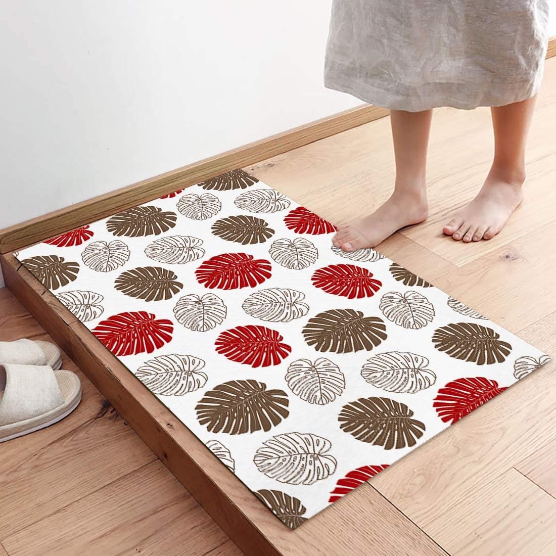 Door Mat for Bedroom Decor, Tropical Plants Red and Brown Monstera Floor Mats, Holiday Rugs for Living Room, Absorbent Non-Slip Bathroom Rugs Home Decor Kitchen Mat Area Rug 18x30 Inch