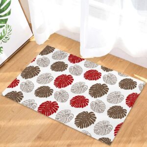 Door Mat for Bedroom Decor, Tropical Plants Red and Brown Monstera Floor Mats, Holiday Rugs for Living Room, Absorbent Non-Slip Bathroom Rugs Home Decor Kitchen Mat Area Rug 18x30 Inch