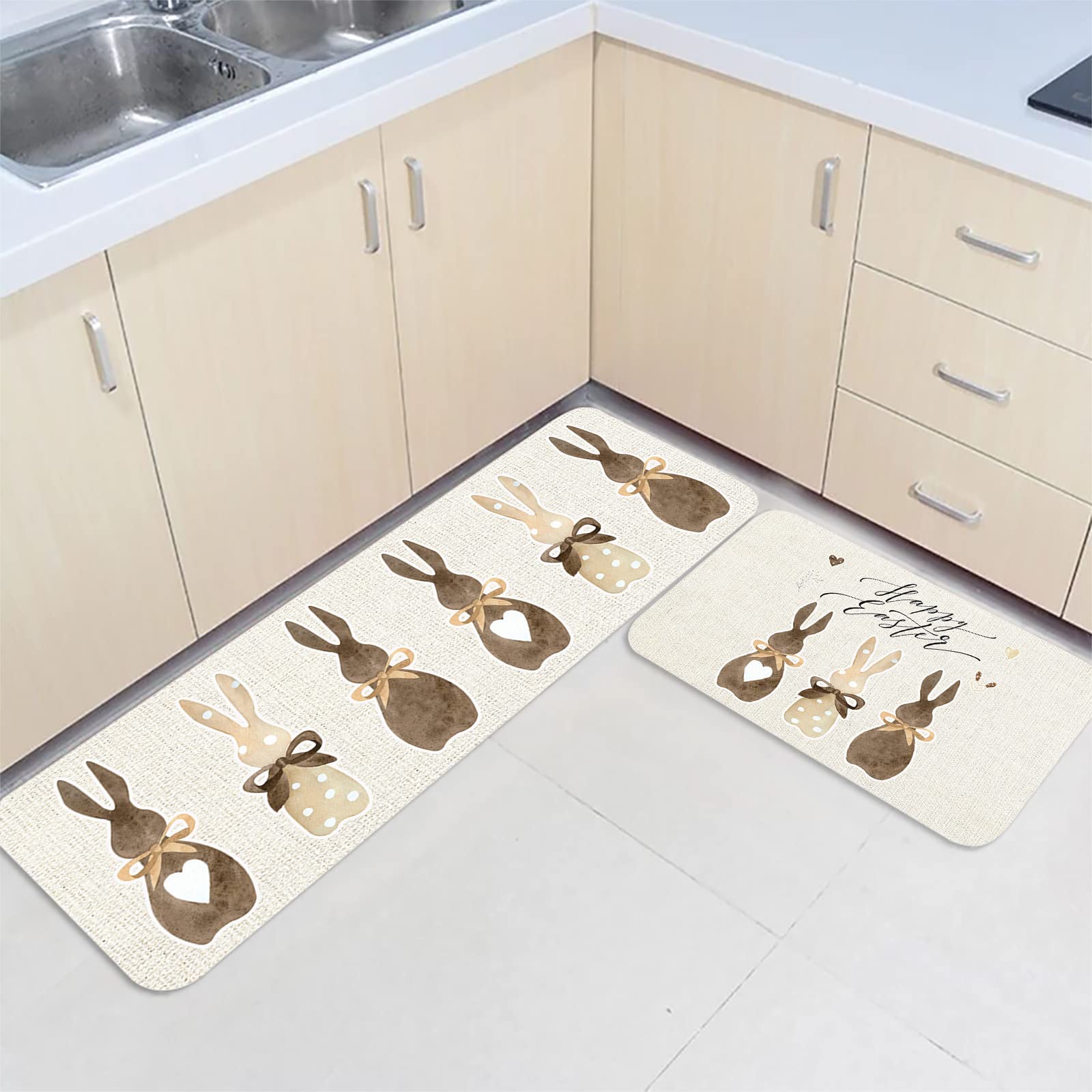 Boho Easter Kitchen Mat Set of 2, Long Runner Rugs for Floor, Dots Bunny Ear Butt Vintage Brown Absorbent Bath Accent Rug Set Washable Throw Mats for Home Entrance/Kitchen Sink/Bathroom Tub