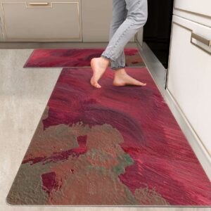 ryanza 2 pieces kitchen rugs, abstract anti fatigue non slip foam cushioned art design graffiti modern red comfort indoor floor mat runner rug set for laundry office sink bathroom (17"x48"+17"x24")