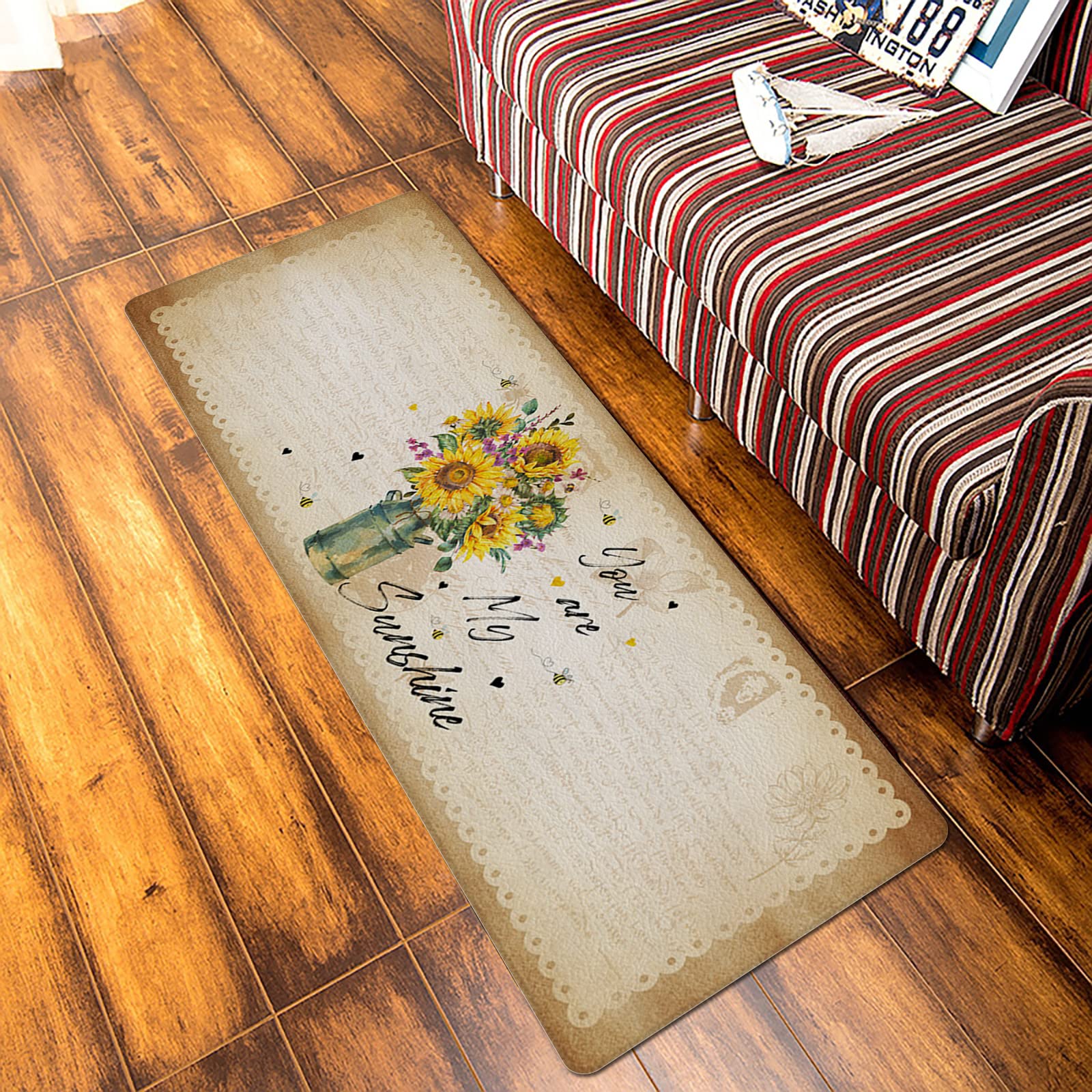 Sunflower Antifatigue Kitchen Bath Door Mat Cushioned Runner Rug,Washable Welcome Floor Sink Mat,Retro Letter Stamp Bee Sunshine Flower Waterproof Non-Slip Comfort Standing Doormat for Kitchen,20"x39"