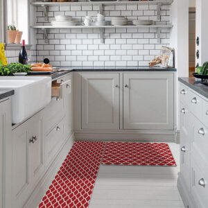 prime leader 2 piece non-slip kitchen mat rug rubber backing doormat set classic moroccan trellis geometric lattice red and white kitchen rugs comfort standing mat pvc leather anti fatigue floor mat