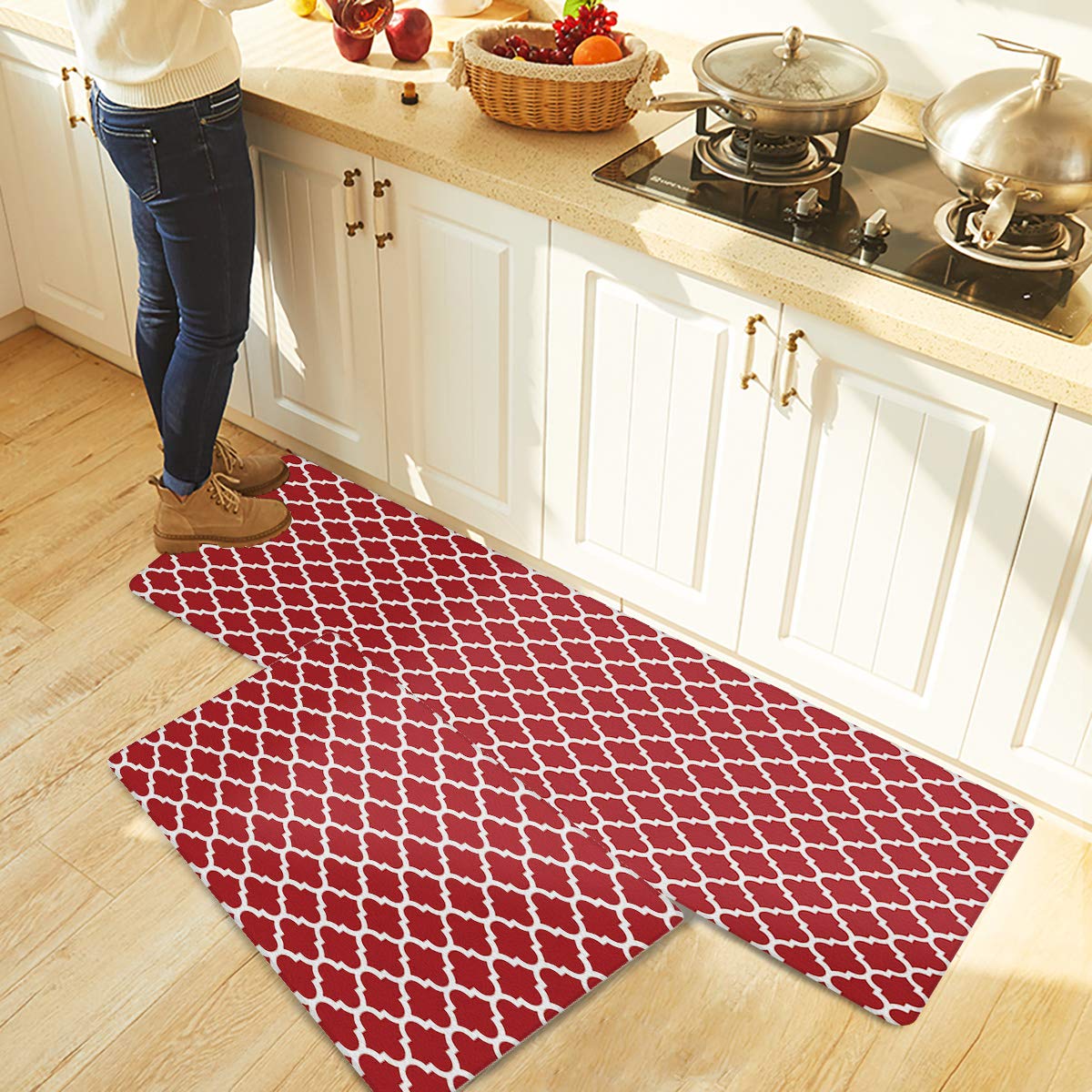 Prime Leader 2 Piece Non-Slip Kitchen Mat Rug Rubber Backing Doormat Set Classic Moroccan Trellis Geometric Lattice Red and White Kitchen Rugs Comfort Standing Mat PVC Leather Anti Fatigue Floor Mat