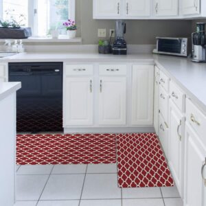 Prime Leader 2 Piece Non-Slip Kitchen Mat Rug Rubber Backing Doormat Set Classic Moroccan Trellis Geometric Lattice Red and White Kitchen Rugs Comfort Standing Mat PVC Leather Anti Fatigue Floor Mat