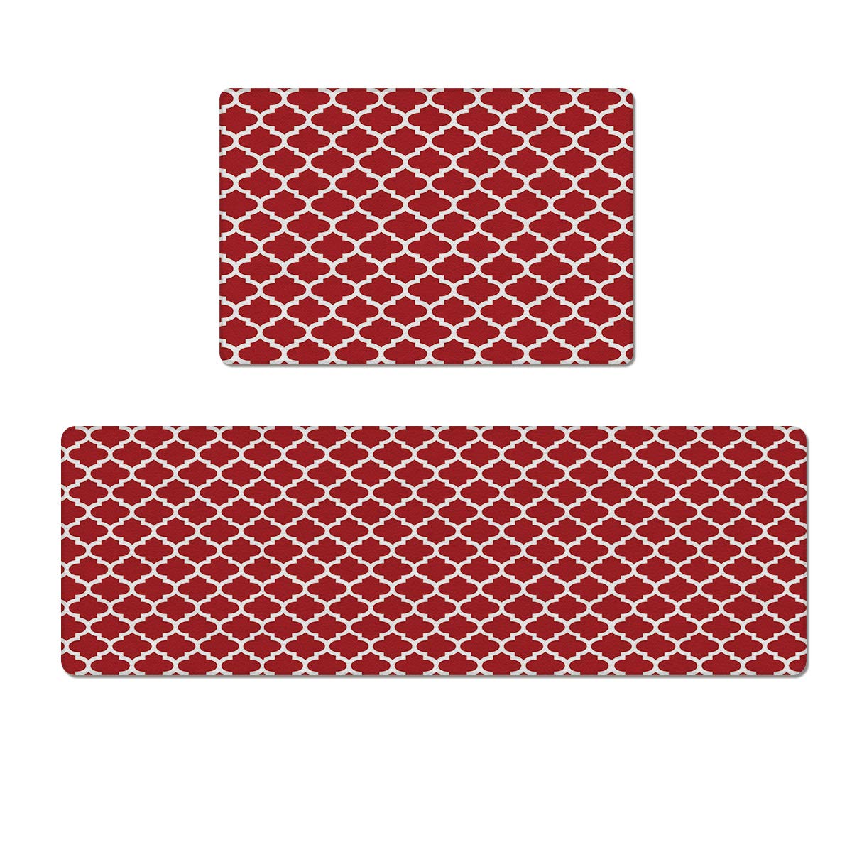 Prime Leader 2 Piece Non-Slip Kitchen Mat Rug Rubber Backing Doormat Set Classic Moroccan Trellis Geometric Lattice Red and White Kitchen Rugs Comfort Standing Mat PVC Leather Anti Fatigue Floor Mat