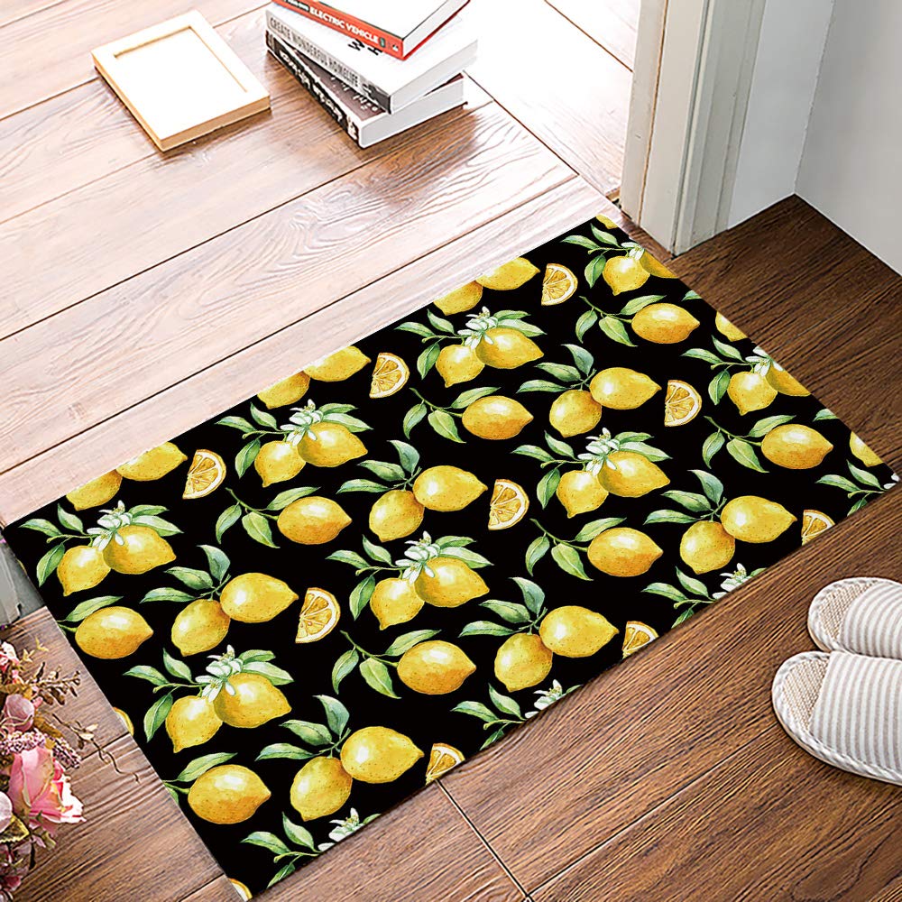 Door Mat for Bedroom Decor, Watercolor Lemon on Black Floor Mats, Holiday Rugs for Living Room, Absorbent Non-Slip Bathroom Rugs Home Decor Kitchen Mat Area Rug 18x30 Inch