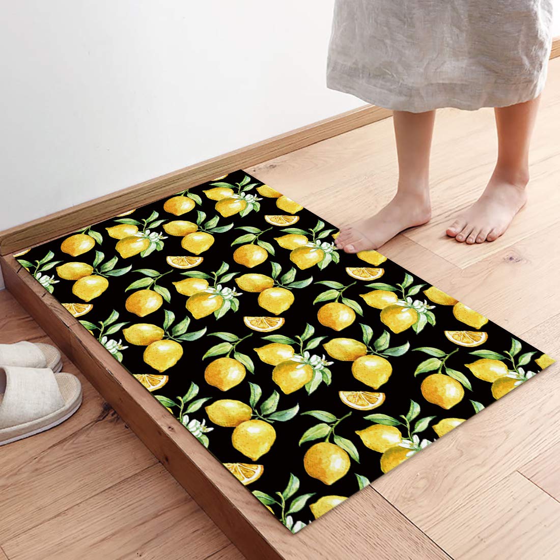 Door Mat for Bedroom Decor, Watercolor Lemon on Black Floor Mats, Holiday Rugs for Living Room, Absorbent Non-Slip Bathroom Rugs Home Decor Kitchen Mat Area Rug 18x30 Inch