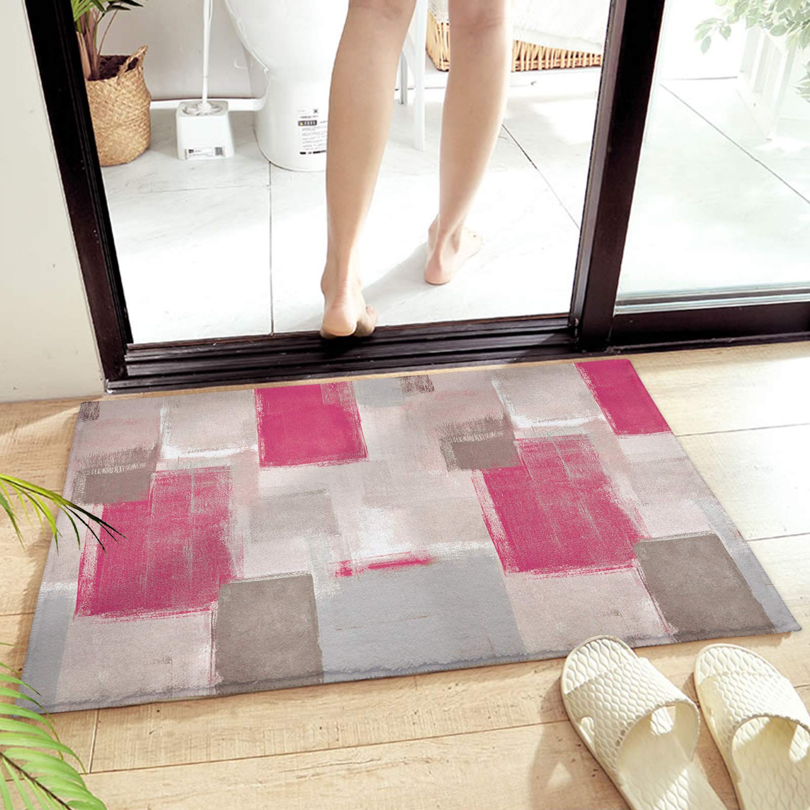 Door mat Floor Door Mats Carpet Geometric Pink Grey Gradient,Non Slip Super Soft Bath Rugs Oil Painting Abstract Art,gy Fuzzy Area Rug for Kitchen/Bathroom/Bedroom/Living Room Decor 18x30In