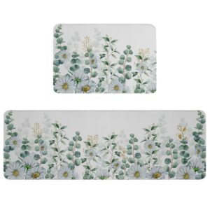 anti-fatigue kitchen mats standing rugs set of 2 green eucalyptus leaves daisy flower non-slip area runner floor doormat farm plant watercolor floral washable cushioned carpet for bedroom bathroom