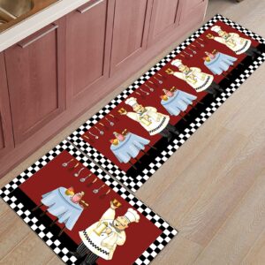 Kitchen Rugs and Mats Chef Kitchen Gourmet Black White Buffalo Plaid Floor Mats Non-Slip Doormat Washable Kitchen Runner Rug for Kitchen Home Office Sink Laundry (2 Piece, 19.7"x31.5"+19.7"x63")