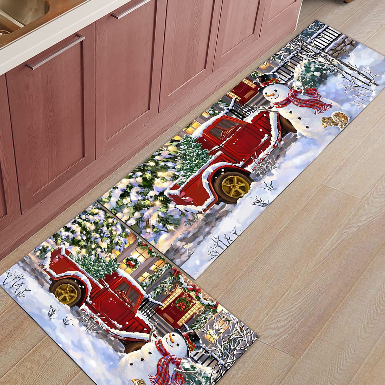 Merry Christmas Kitchen Rugs Sets 2 Piece Floor Mats Xmas Tree Farm Red Truck Snowman Durable Doormat Non-Slip Rubber Backing Area Rugs Washable Carpet Inside Door Mat Pad Sets-16"x 24"+16"x47"