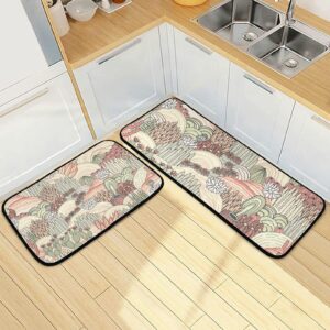 ALAZA Cactus Succulents Floral Kitchen Rug Set, 2 Piece Set, Non-Slip Floor Mat for Living Room Bedroom Dorm Home Decor, 19.7 x 27.6 Inch + 19.7 x 47.2 Inch